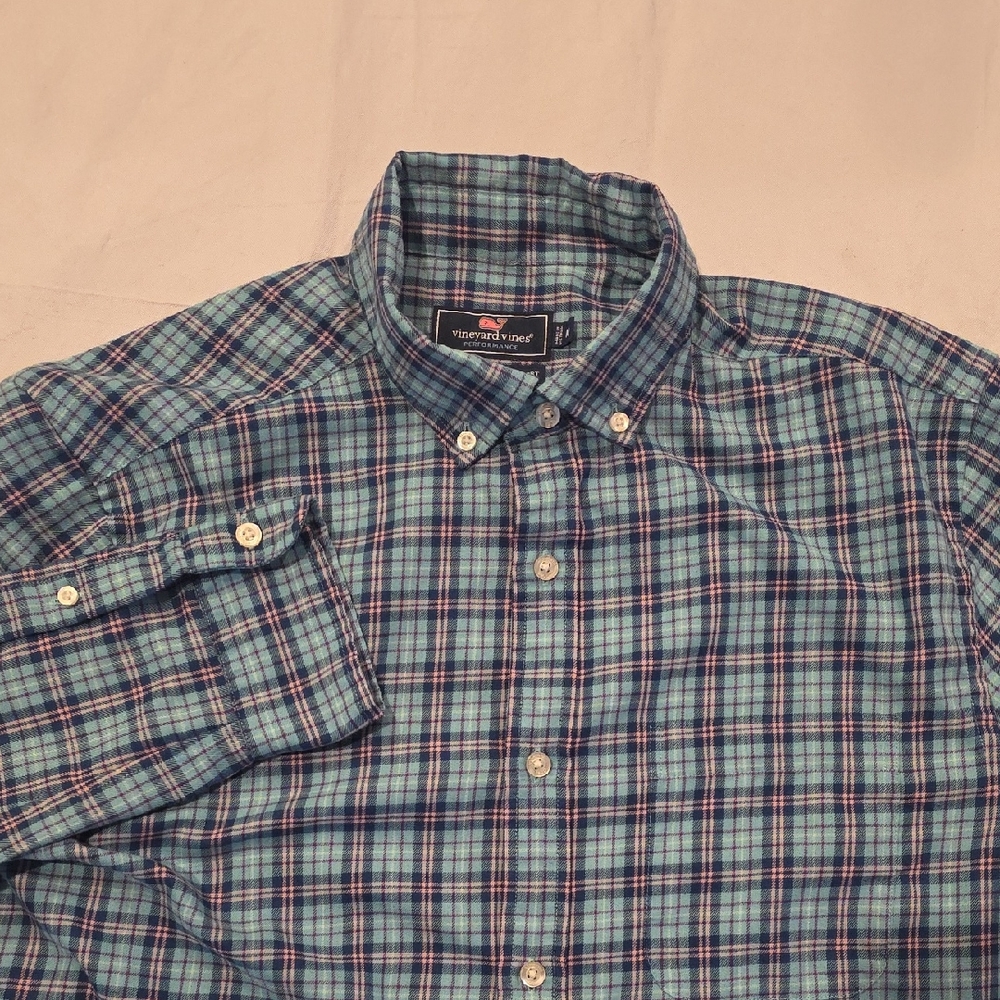 Vineyard Vines Men's Classic Fit Murray Shirt Teal Navy Pink Plaid Long Sleeve M